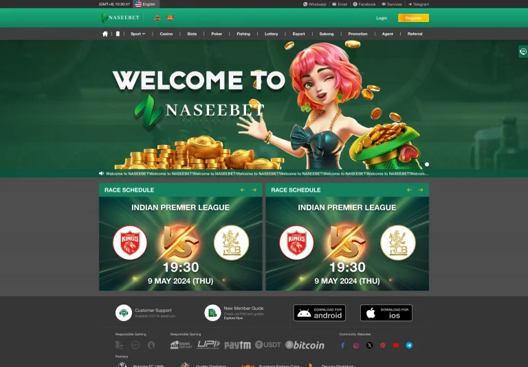 Screenshot of the Naseebet Casino homepage displaying a welcome message, a promotional character with gold coins, and the Indian Premier League match schedule. The page includes options for customer support, downloading the app, and links to responsible gaming resources.