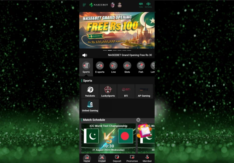 Screenshot of the Naseebet app home screen displaying various options like sports, e-sports, live games, slots, fish games, and lotteries. The top banner promotes a grand opening with a free Rs 100 bonus. The app interface also shows match schedules and available gaming platforms such as 9wickets, LuckySports, and BTi. The background features a green sparkling design.