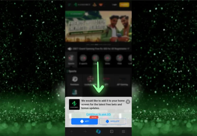 Screenshot of the Naseebet app displaying a prompt to add the app to the home screen for updates on free bets and bonuses. The screen features a green arrow pointing to the prompt, which includes options to continue using the app or web app. The background is a blurred view of the app interface with a green sparkling design.