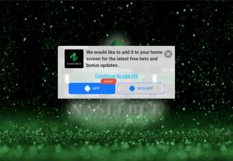 Pop-up message in the Naseebet app asking users to add the app to their home screen for updates on free bets and bonuses. The prompt offers options to continue using the app or web app, with buttons for 'APP' and 'WEB-APP' displayed at the bottom. The background features a green sparkling design with the Naseebet logo subtly visible.