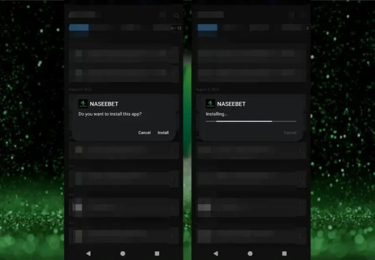 Two-step process of installing the Naseebet app on a mobile device. The first screen asks for confirmation with 'Do you want to install this app?' and options to 'Cancel' or 'Install.' The second screen shows the installation progress with a bar indicating 'Installing…' against a dark background, with a green sparkling design visible.