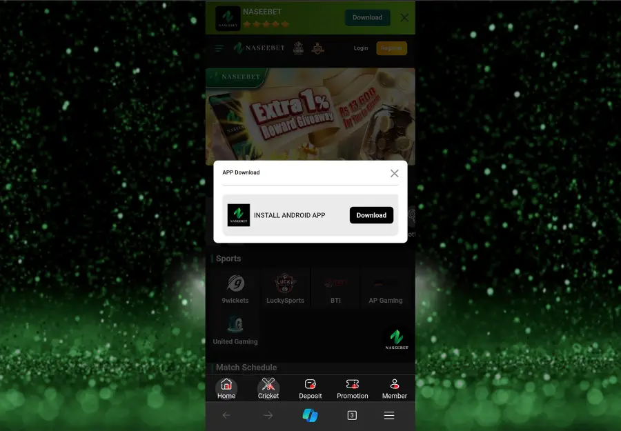 Screenshot of the Naseebet app displaying a download prompt specifically for Android users. The prompt includes a button labeled 'Download' and an instruction to 'INSTALL ANDROID APP.' Above the prompt, a banner with a five-star rating and the Naseebet logo is visible. The background features various promotional banners and a green sparkling design.