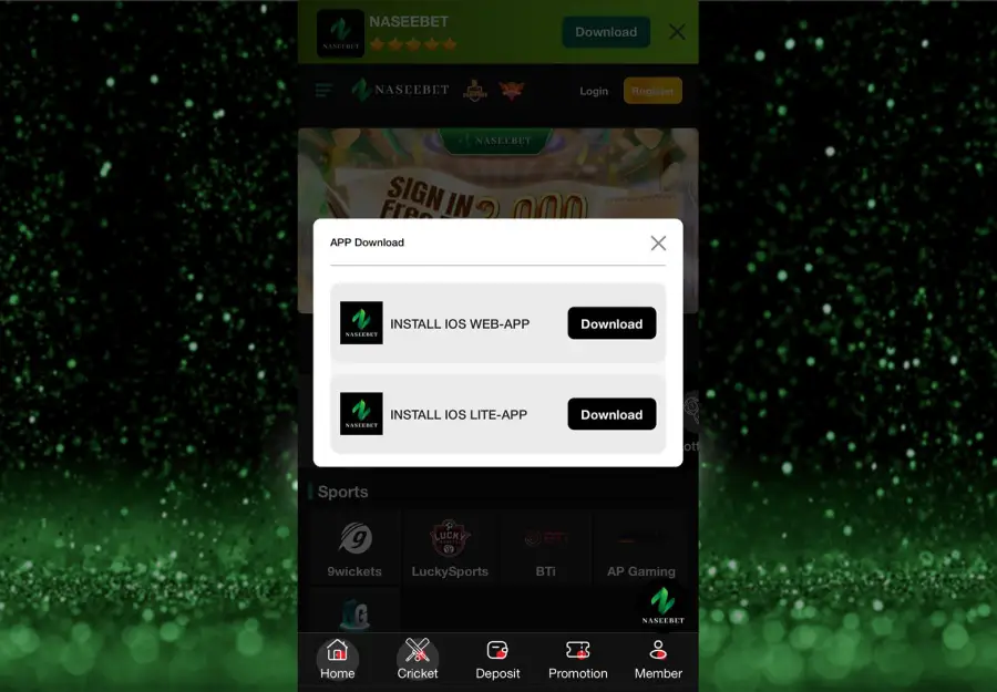 Screenshot of the Naseebet app displaying a download prompt with two options: 'INSTALL IOS WEB-APP' and 'INSTALL IOS LITE-APP.' Each option includes a 'Download' button. The prompt is shown over the app's main interface, which features promotional banners and a five-star rating for the app. The background includes a green sparkling design.