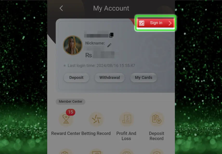 The My Account page on the Naseebet platform displaying a "Sign in" button in red, with options to deposit, withdraw, and manage cards. The user information shows a nickname and last login time, and various features like the Reward Center, Betting Record, and Profit and Loss are accessible. This screen is part of the process for users claiming the no deposit bonus. ​