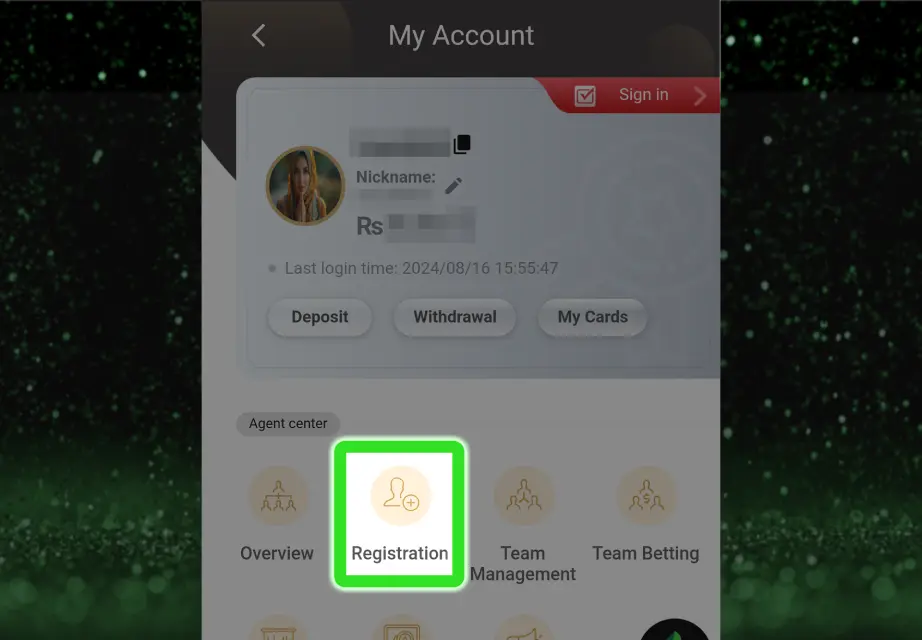 The My Account page on the Naseebet platform showing the "Registration" option highlighted in green. The user profile displays a nickname, Rs balance, last login time, and options for deposit and withdrawal. Below, various features like team management and betting records are accessible. This screen is related to registering for the no deposit bonus.