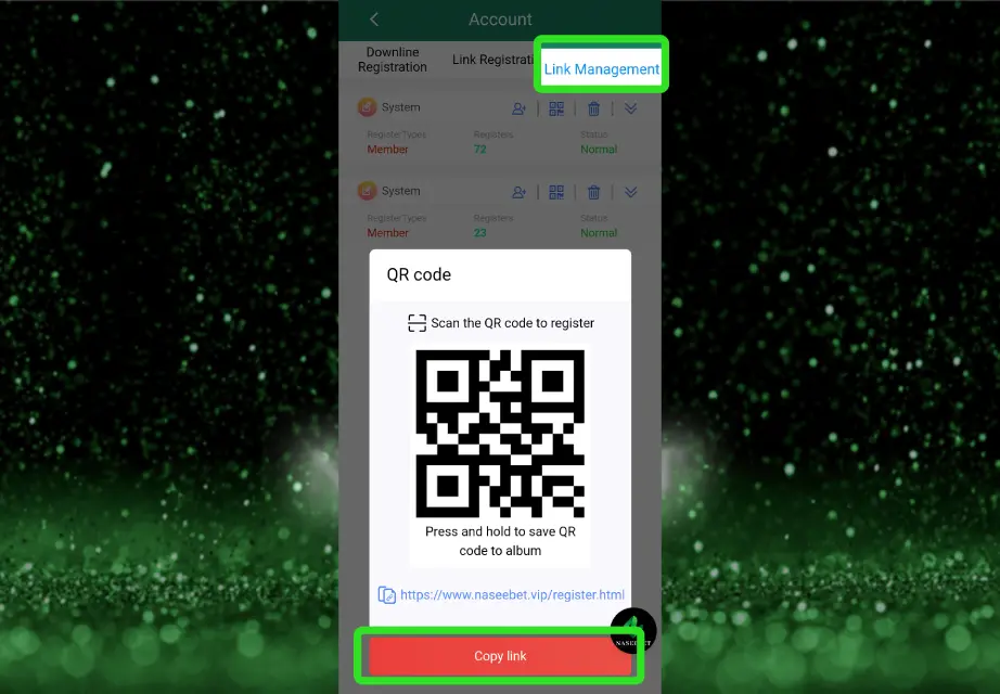 The Link Management page on the Naseebet platform showing a QR code for registration and an option to copy the registration link. The QR code is provided to invite others to register, and the page shows system statistics for downline registrations. This screen facilitates the process of sharing the no deposit bonus registration link. ​
