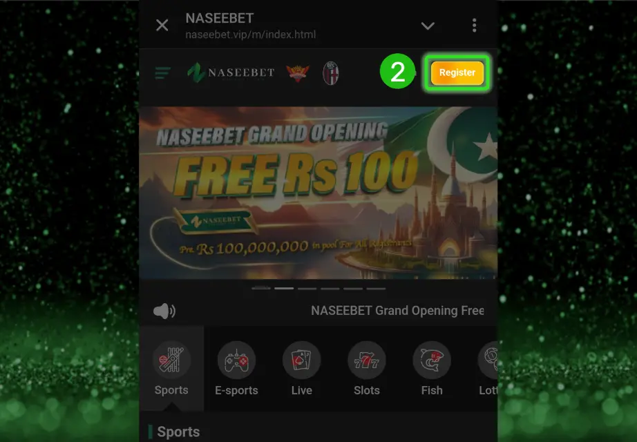 A screenshot of the Naseebet online platform showing a promotion offering a free Rs100 bonus as part of their grand opening. The interface shows a register button highlighted with green and yellow, alongside a promotion for a Rs100,000,000 pool for all registrants. This image promotes the no deposit bonus.