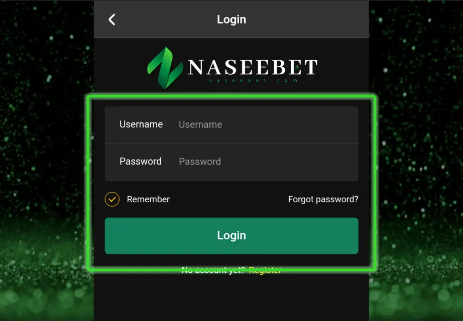 The Naseebet login page featuring fields for username and password, with a green-highlighted login button. The option to remember login details and a link to reset a forgotten password is shown. The interface is part of the Naseebet platform, where users can claim the no deposit bonus after logging in.