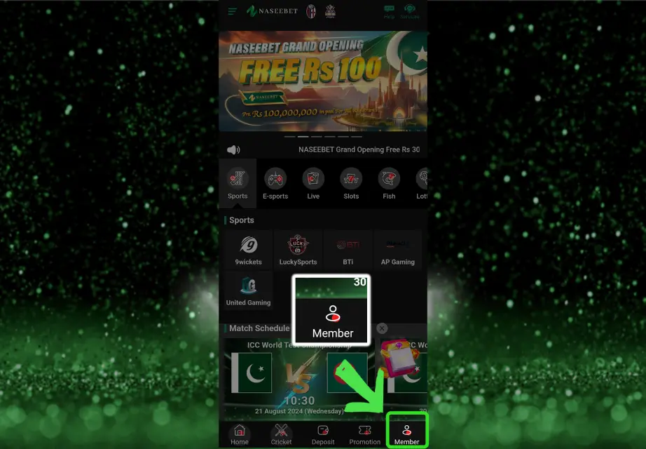 The Naseebet app interface highlighting the "Member" section with a green arrow pointing to the icon at the bottom of the screen. The app promotes a free Rs100 bonus during the grand opening, visible at the top of the screen. The interface includes various sections like sports, e-sports, slots, and live games, all related to the no deposit bonus. ​