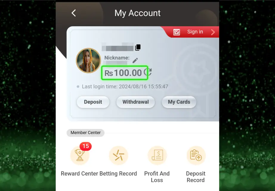 The My Account page of a Naseebet user showing a balance of Rs100. The account displays options for deposit, withdrawal, and managing cards. The nickname of the user is highlighted along with their last login time. This screen showcases the balance that includes a no deposit bonus.