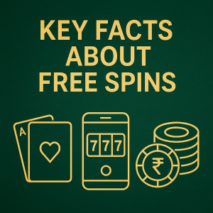 A 2D digital graphic with gold text reading "Key Facts About Free Spins" on a dark green background, featuring icons of playing cards, a slot machine with 777, and a stack of poker chips with a rupee symbol.