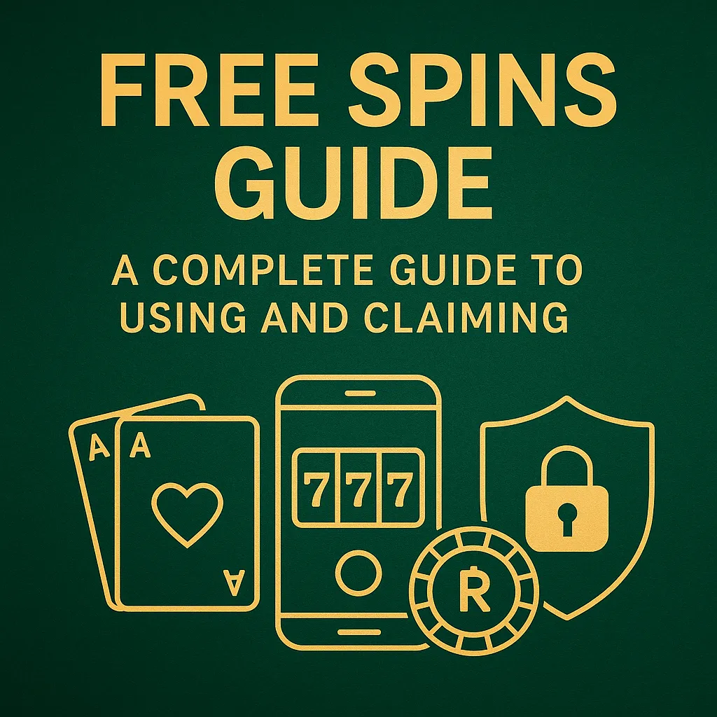 A 2D digital graphic on a dark green background with gold illustrations and text reading "Free Spins Guide – A Complete Guide to Using and Claiming," featuring icons of playing cards, a slot machine on a smartphone, a poker chip, and a security shield.