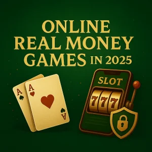A detailed digital illustration with a deep green and gold color theme, featuring playing cards, a mobile slot machine showing 777, and a shield with a lock, symbolizing online real money games in 2025.