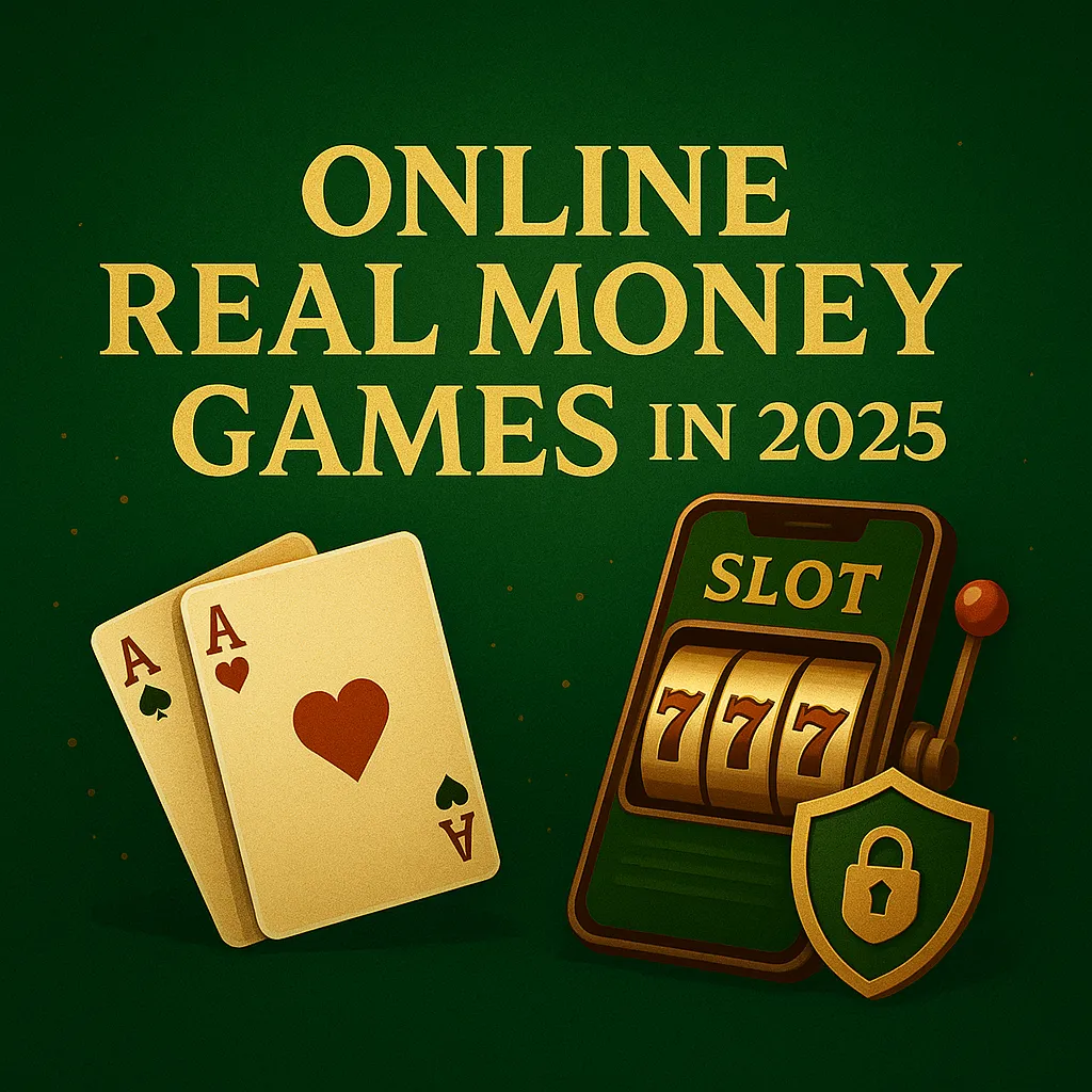 A detailed digital illustration with a deep green and gold color theme, featuring playing cards, a mobile slot machine showing 777, and a shield with a lock, symbolizing online real money games in 2025.