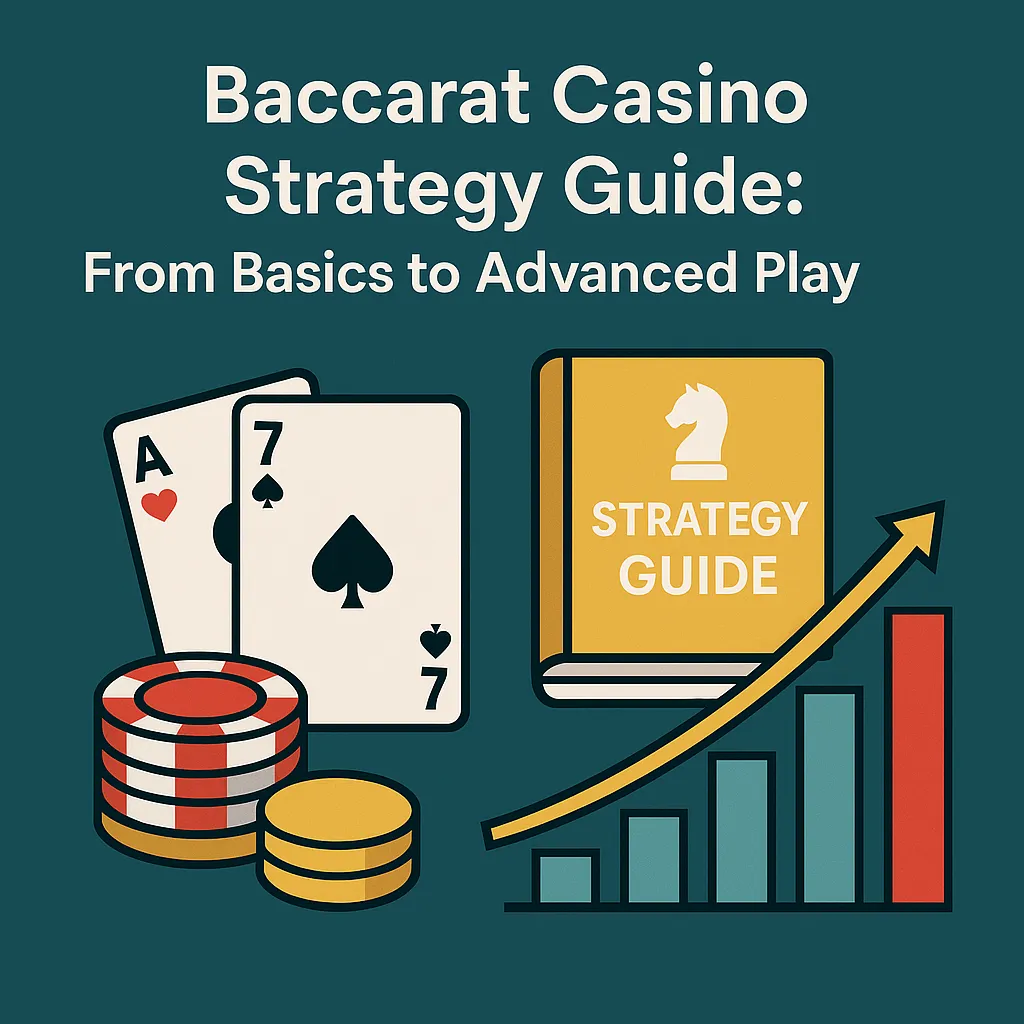A clean infographic titled ‘Baccarat Casino Strategy Guide: From Basics to Advanced Play’ showing two baccarat cards (an Ace and a 7), stacks of red and gold chips, a yellow ‘Strategy Guide’ book with a knight chess piece icon, and a five-bar chart with a rising arrow—designed to clearly convey a baccarat casino strategic progression.