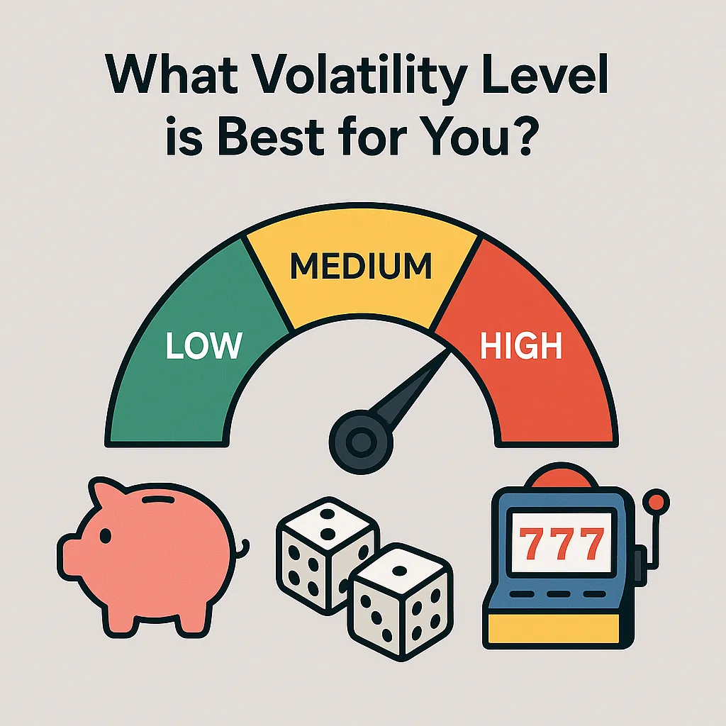 An infographic titled ‘What Volatility Level is Best for You?’ showing a semicircular gauge divided into three colored zones—green for LOW, yellow for MEDIUM, and red for HIGH—with a pointer angled toward HIGH. Below the gauge are three icons: a piggy bank for low volatility, a pair of dice for medium, and a slot machine reading 777 for high—clearly illustrating different volatility levels and what might suit you