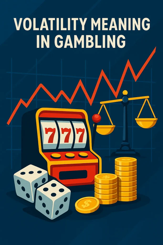 An abstract digital illustration titled ‘Volatility Meaning in Gambling’ shows a red-and-yellow slot machine displaying triple sevens, two white dice, stacks of gold coins, and a gold balance scale set against a dark blue grid background. A red, jagged line graph rises and falls behind the objects, symbolizing the risk and reward fluctuations—clearly conveying the volatility meaning in gambling.