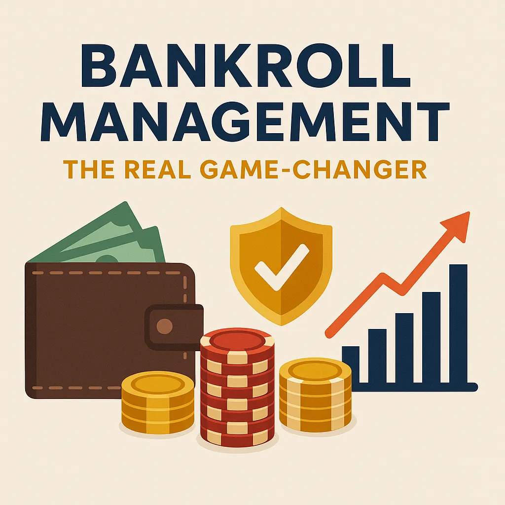 A minimalist infographic titled ‘Bankroll Management: The Real Game-Changer’ featuring a half-open wallet with cash, neatly stacked casino chips, a shield with a checkmark icon, and an upward-trending bar chart with an arrow—visually emphasizing the importance of bankroll management