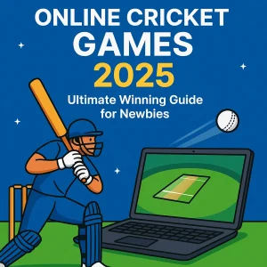 Illustration of a cricket player in blue gear swinging a bat next to a laptop showing a cricket pitch, with a flying ball and the text "Online Cricket Games 2025 Ultimate Winning Guide for Newbies" in the background, promoting online cricket games.