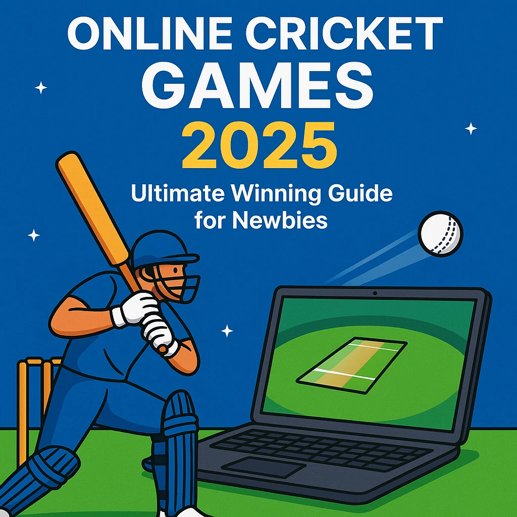 Illustration of a cricket player in blue gear swinging a bat next to a laptop showing a cricket pitch, with a flying ball and the text "Online Cricket Games 2025 Ultimate Winning Guide for Newbies" in the background, promoting online cricket games.