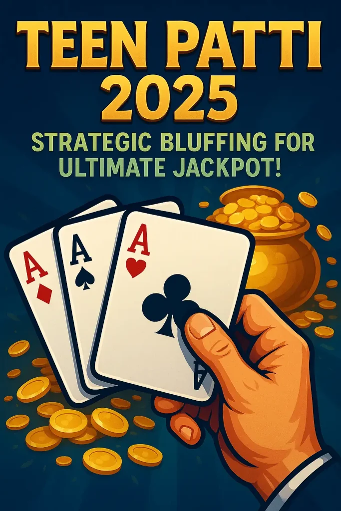 A vibrant Teen Patti 2025 poster featuring a hand holding three ace cards with a backdrop of flying gold coins, promoting strategic bluffing for the ultimate jackpot. The image highlights the excitement and stakes of teen patti.