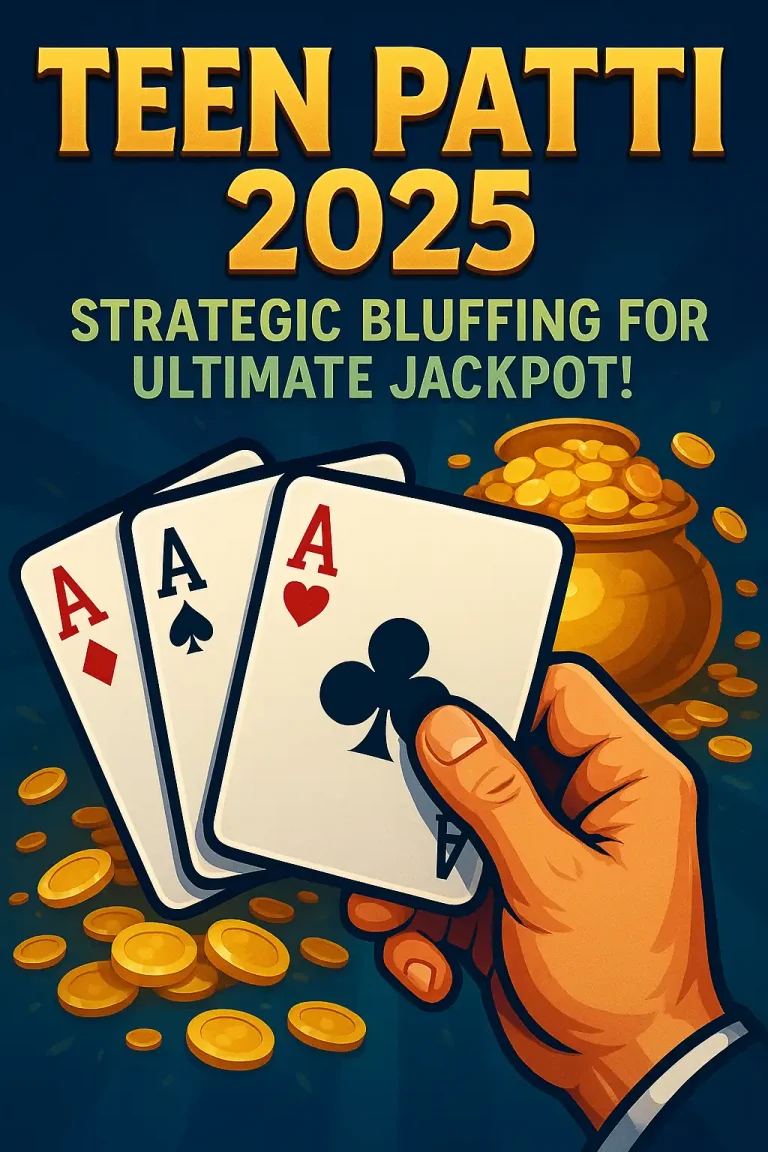 A vibrant Teen Patti 2025 poster featuring a hand holding three ace cards with a backdrop of flying gold coins, promoting strategic bluffing for the ultimate jackpot. The image highlights the excitement and stakes of teen patti.