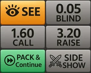 Game interface showing Teen Patti options like See, Blind, Call (1.60), Raise (3.20), Pack & Continue, and Side Show in a poker-style layout.