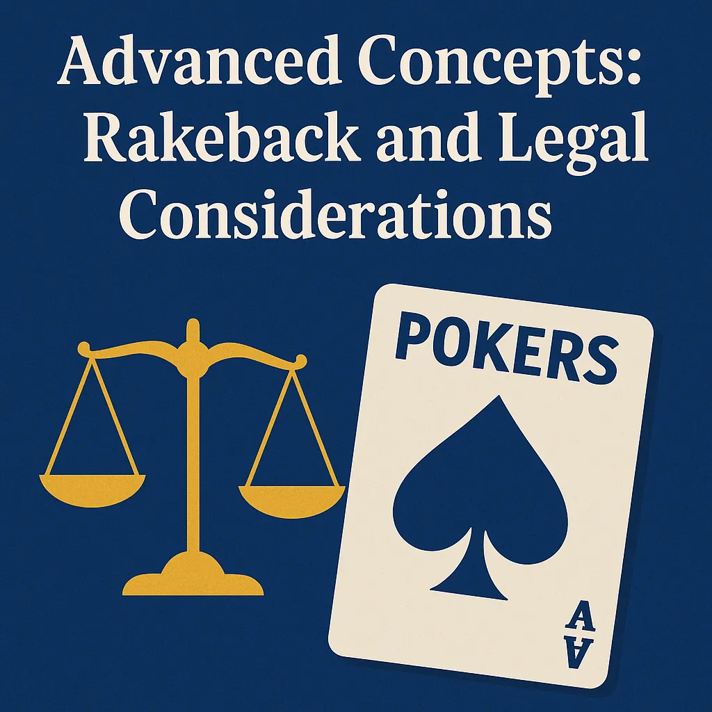 A legal-themed graphic with the title "Advanced Concepts: Rakeback and Legal Considerations," featuring a golden scale and a poker card labeled "POKERS" to represent advanced topics in pokers.