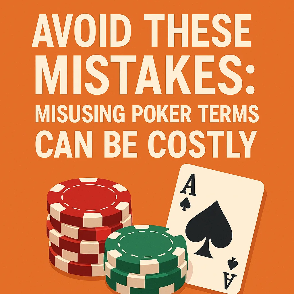 A bold warning graphic titled "Avoid These Mistakes: Misusing Poker Terms Can Be Costly," featuring poker chips and an Ace card—emphasizing the importance of correct usage in pokers.