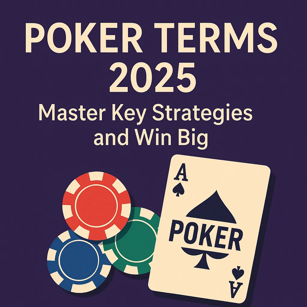 A promotional graphic for "Poker Terms 2025: Master Key Strategies and Win Big," featuring poker chips and an Ace card with the word "POKER" — representing strategic mastery in pokers.