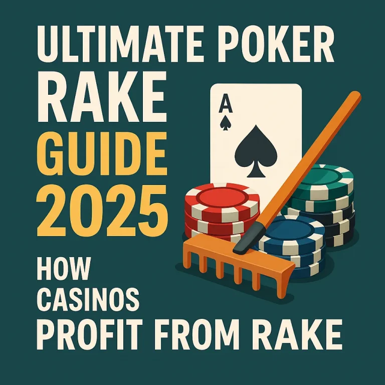 A promotional graphic for the Ultimate Poker Rake Guide 2025, featuring poker chips, a rake, and an Ace card—highlighting how casinos profit from rake in pokers.