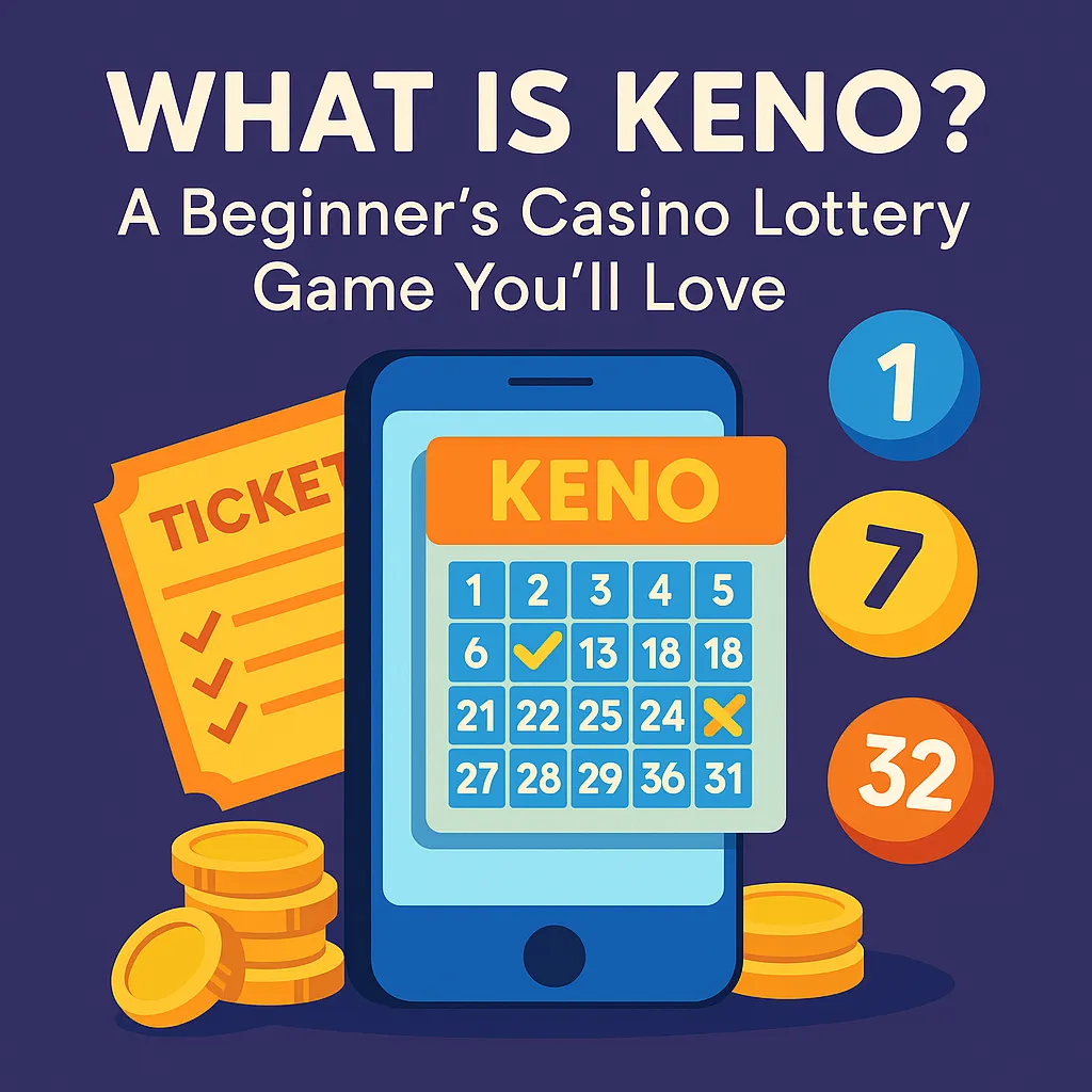 A flat-style digital illustration showcasing a smartphone screen with a Keno grid, numbered balls (1, 7, 32), coins, and a ticket, under the title “What Is Keno? A Beginner’s Casino Lottery Game You’ll Love,” emphasizing the keno experience.