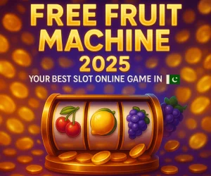 A vibrant promotional poster titled “FREE FRUIT MACHINE 2025” featuring a golden slot reel displaying cherries, a lemon, and grapes against a purple background raining gold coins, with bold text highlighting free fruit machines in Pakistan.