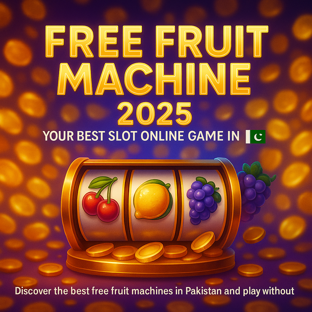 A vibrant promotional poster titled “FREE FRUIT MACHINE 2025” featuring a golden slot reel displaying cherries, a lemon, and grapes against a purple background raining gold coins, with bold text highlighting free fruit machines in Pakistan.