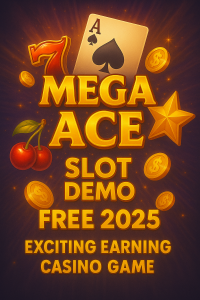 Golden promotional banner featuring card symbols, coins, a star, and cherries with bold text advertising Mega Ace Slot Demo Free 2025 exciting earning casino game.