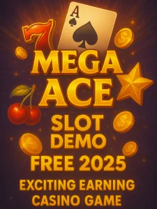 Golden promotional banner featuring card symbols, coins, a star, and cherries with bold text advertising Mega Ace Slot Demo Free 2025 exciting earning casino game.