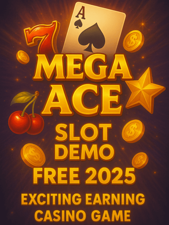 Golden promotional banner featuring card symbols, coins, a star, and cherries with bold text advertising Mega Ace Slot Demo Free 2025 exciting earning casino game.