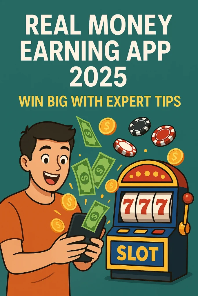 A cartoon-style illustration of a happy man holding a phone with flying cash, coins, and poker chips beside a classic slot machine showing 777, promoting a real money earning app in 2025.