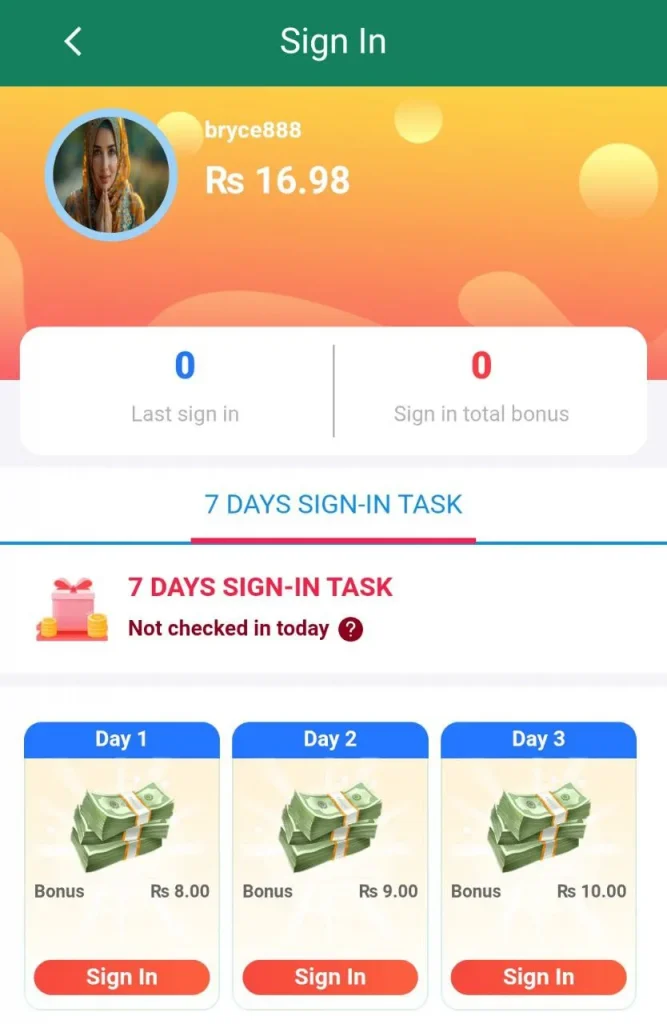 The Naseebet sign up screen displays a user profile with a Rs 16.98 balance and a 7-day sign-in task offering daily cash bonuses up to Rs 10.00.