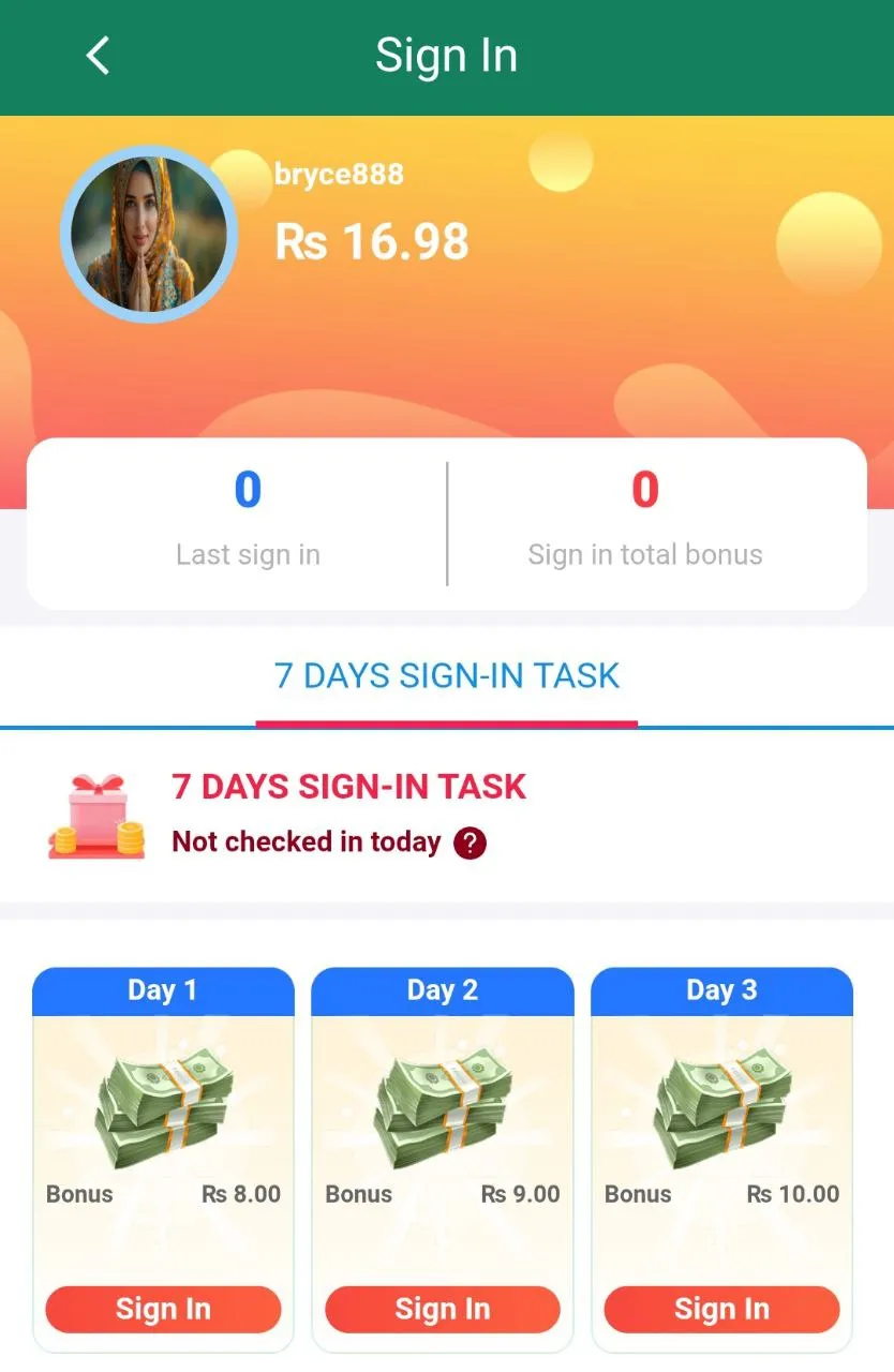 The Naseebet sign up screen displays a user profile with a Rs 16.98 balance and a 7-day sign-in task offering daily cash bonuses up to Rs 10.00.