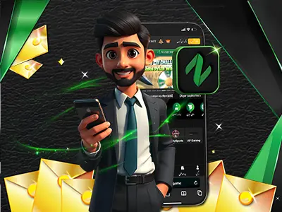 A smiling animated agent holding a phone in front of the Naseebet mobile app screen, surrounded by golden tickets and glowing effects, representing prize claims and user engagement on Naseebet.