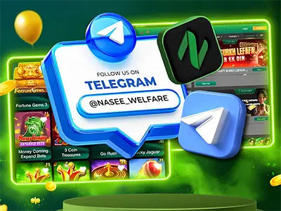 A promotional graphic for Naseebet encouraging users to follow their Telegram channel, with popular slot games and animated icons in the background.