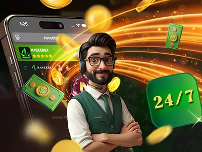 A digital illustration showing a friendly customer support agent in front of a smartphone displaying the Naseebet app, surrounded by money icons and a glowing 24/7 service badge, highlighting nonstop support at Naseebet.