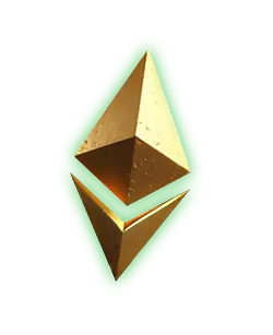 A shiny golden 3D geometric symbol resembling a cryptocurrency token, highlighted with a green glow, representing digital assets on Naseebet.
