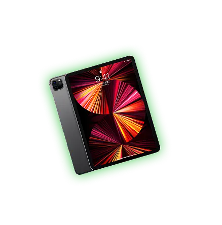 A modern black iPad Pro with a vivid red and orange abstract display, outlined in green, representing a tech prize available from Naseebet.