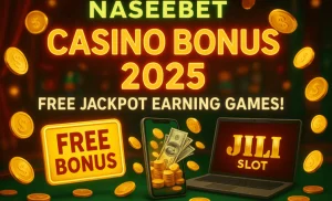 Promotional image for NaseeBet casino bonus 2025 showing a free bonus sign, a smartphone with cash and coins, and a laptop displaying JILI slot, promoting free jackpot earning games.