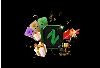 A festive display featuring the Naseebet logo surrounded by colorful draw tickets, wrapped gifts, a gold trophy, poker chips, a red airplane, and golden confetti.
