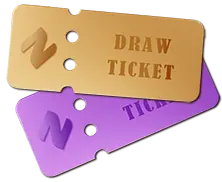 A stacked pair of draw tickets from Naseebet, one gold and one purple, both featuring the brand’s logo and the embossed text "DRAW TICKET."
