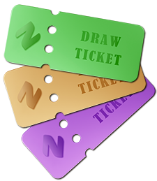 Three colorful draw tickets from Naseebet—green, gold, and purple—stacked diagonally, each embossed with the brand’s logo and the text "DRAW TICKET."