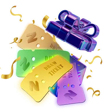 A vibrant collection of Naseebet draw tickets in gold, green, and purple colors scattered beside a shiny purple gift box, surrounded by golden confetti.